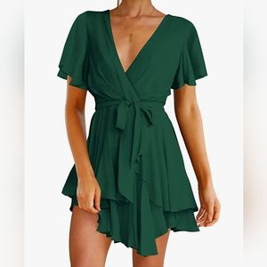 Women's Dress Deep V-Neck Long Sleeve Waist Tie Ruffle Mini Swing Skate